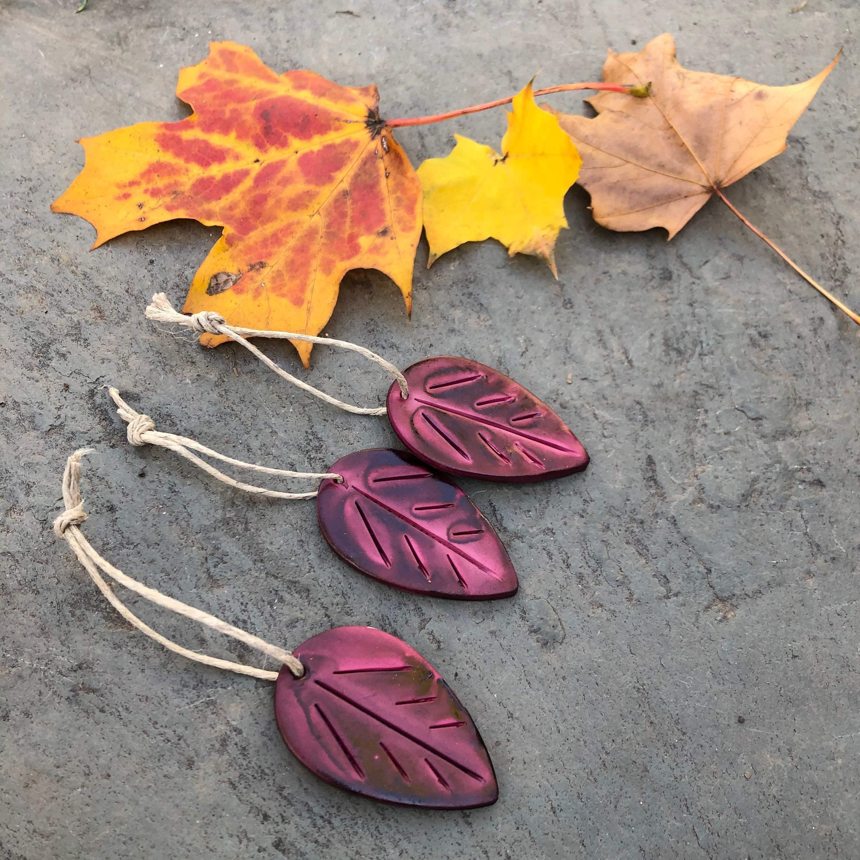 Maroon Leaf Ornaments, Rustic Fall Décor or Christmas Tree Decoration